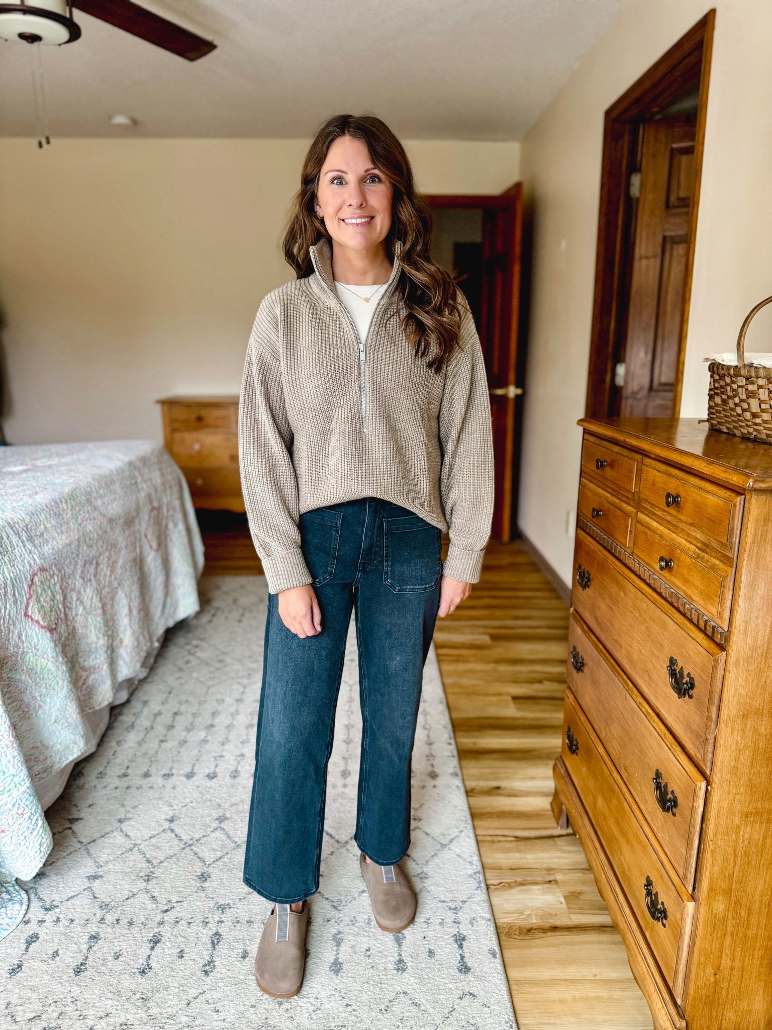 Wearing size small in my tee, xs in my half zip, 24 in 26” inseam in my jeans, and my true size 6 in my clogs. 

#LTKPetite #LTKStyleTip #LTKFindsUnder100