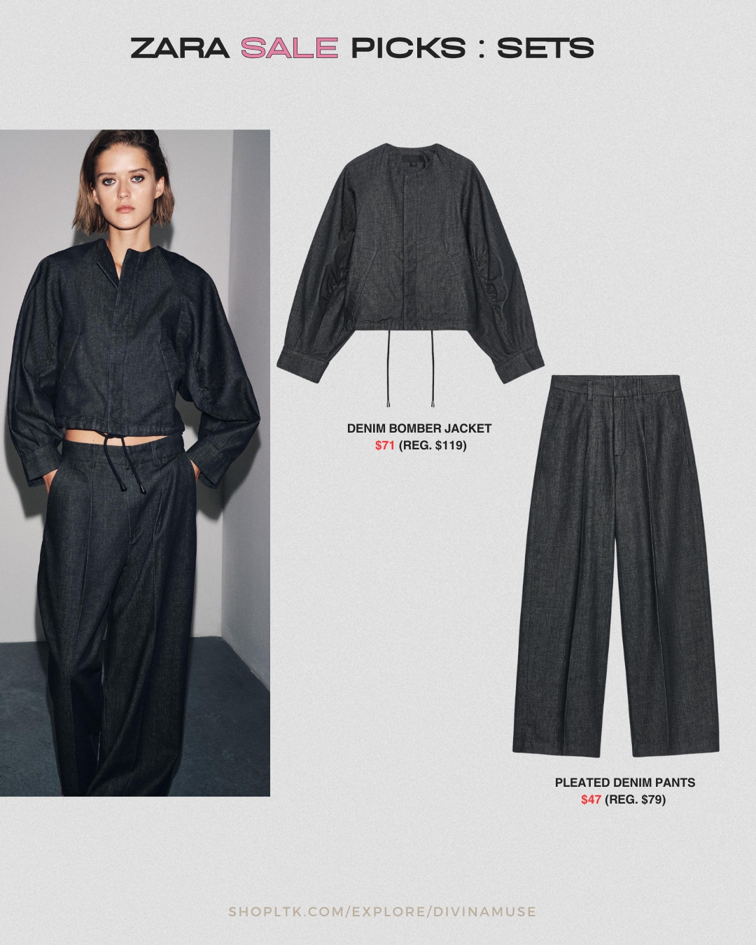 zara sale picks: head to toe denim set. 
- denim bomber jacket with adjustable string in front 
- denim wide leg pants with added pleats for a structured touch. 
makes an easy, throw-on casual outfit for a cohesive, put together look.  

 #LTKSaleAlert #LTKFindsUnder50 #LTKFindsUnder100