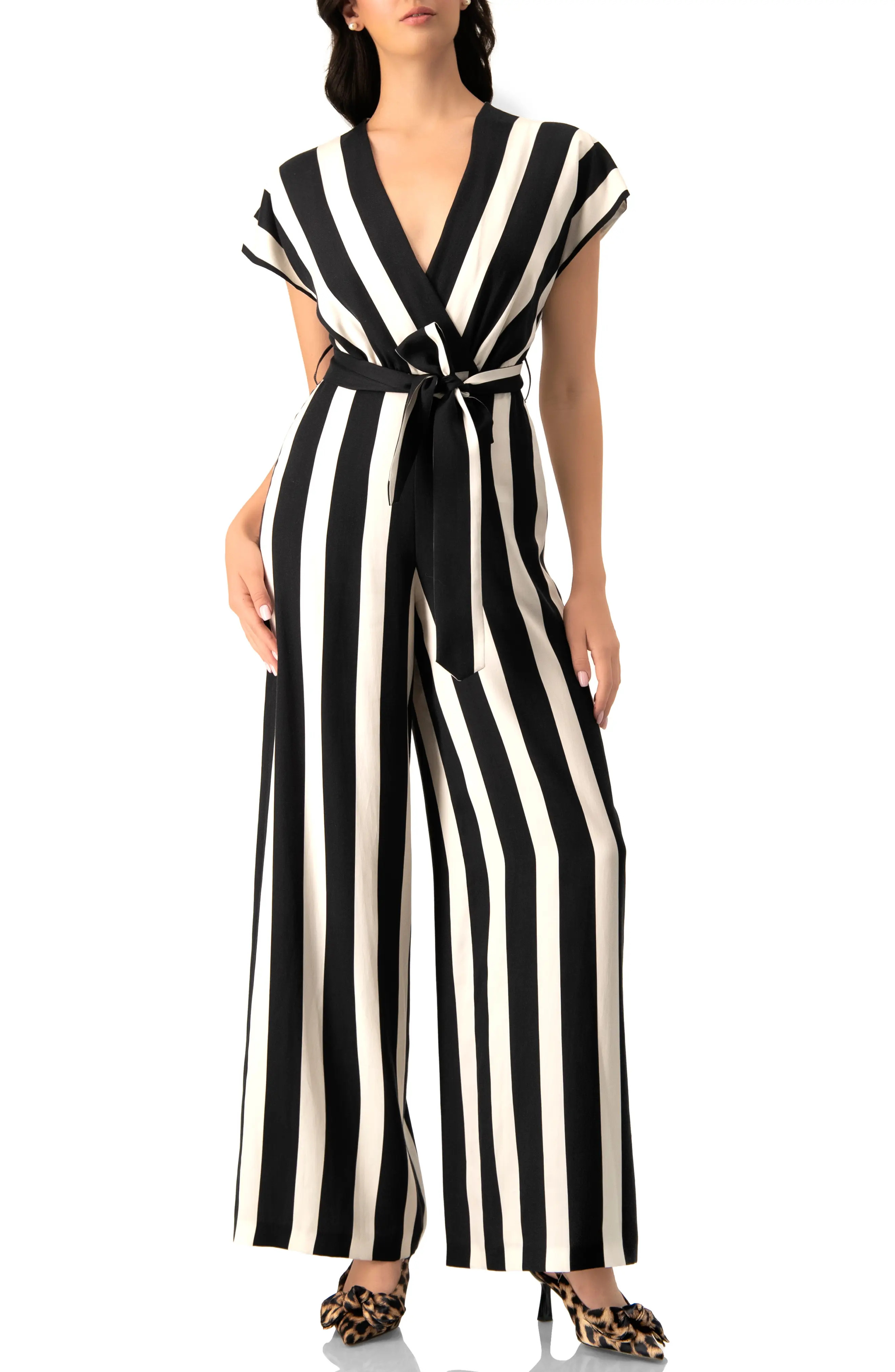 Striped V-Neck Jumpsuit with Waist Tie (Women) | Nordstrom | Nordstrom