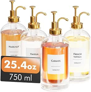 25.4oz Coffee Syrup Dispenser Set - 4 Glass Bottles with Gold Pumper and Syrup Labels - Precise D... | Amazon (US)