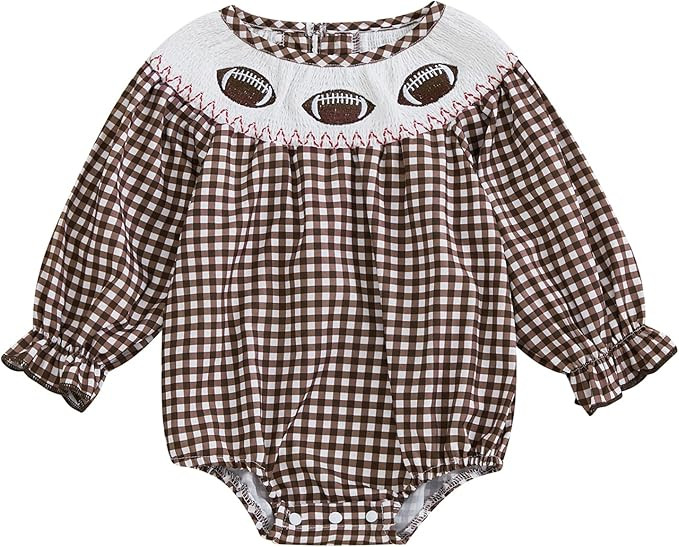 Karuedoo Infant Toddler Baby Girl Football Outfit Plaid Football Embroidery Long Puff Sleeve Smoc... | Amazon (US)
