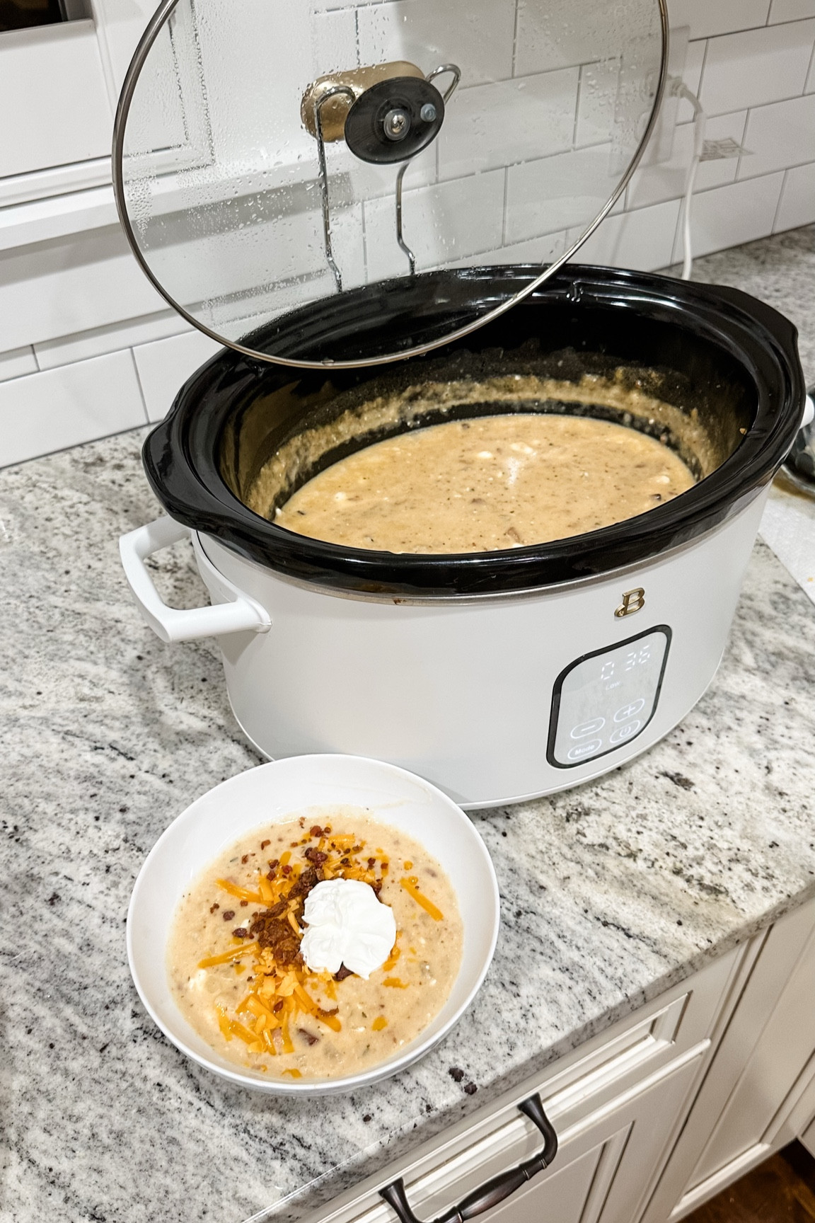 Cozy up with this flavorful Crockpot Loaded Potato Soup 🥔🧀! It’s creamy, cheesy, and packed with all the comforting flavors you love:

Ingredients:
• 1 bag of frozen diced hashbrowns
• 32 oz chicken broth
• 1 can cream of chicken soup
• 1 package of bacon bits
• 1 block of cream cheese
• 1 tsp garlic powder
• 1 tsp onion powder
• 1 tsp paprika
• A few handfuls of shredded cheddar cheese
• Optional: extra sharp cheddar for garnish

Instructions:
1️⃣ Add hashbrowns, chicken broth, cream of chicken soup, bacon bits, garlic powder, onion powder, paprika, and shredded cheddar cheese to your crockpot. Stir to combine.
2️⃣ Cook on low for 5 hours.
3️⃣ Add the cream cheese, cook for 1 more hour, and stir until smooth and creamy.
4️⃣ Top with more shredded cheddar and enjoy a warm, comforting bowl!

This soup is the ultimate cozy dinner that will have your family coming back for seconds. 💛

#LoadedPotatoSoup #CrockpotRecipes #EasyDinnerIdeas #ComfortFood #SoupSeason #PotatoSoupLovers #SlowCookerMeals #CheesyGoodness #SimpleRecipes #CozyEats 