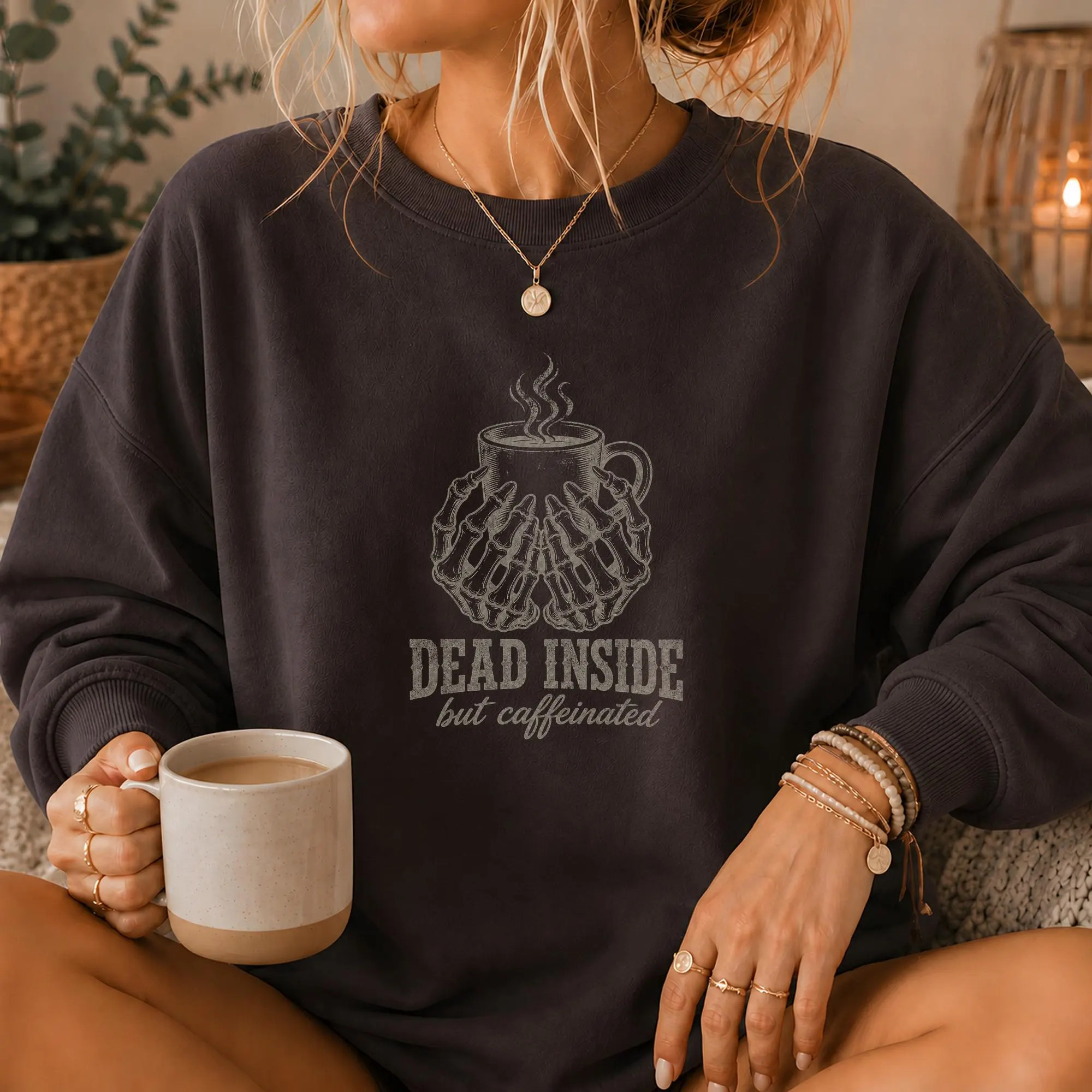 Funny Coffee Sweatshirt - Dead Inside But Caffeinated Skeleton Hands Crewneck - Halloween Coffee Lover Gift - Fall Gildan 18000 | Etsy (Global)