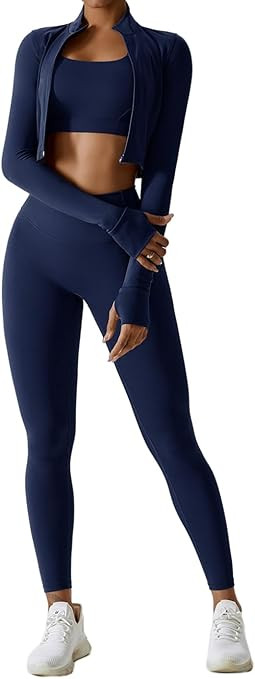 3 Piece Women Workout Set Sports Bra Crop Top Jacket with Thumb Holes Tummy Control High Waist Le... | Amazon (US)