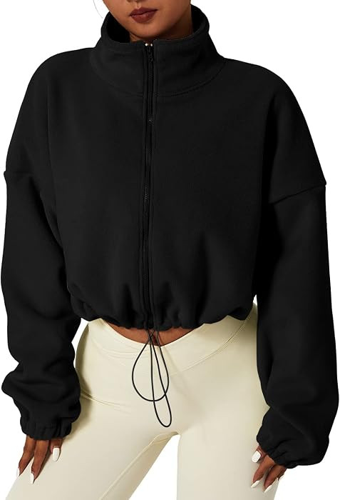 QINSEN Women's Full Zip Fleece Short Jacket Warm Winter Long Sleeve Stand Collar Sherpa Crop Coat | Amazon (US)