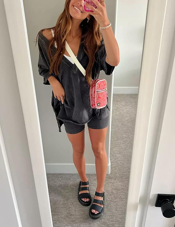 GTLIAE Womens Oversized 2 Piece Outfits Reversible Short Sets V Neck T Shirt Tops Biker Shorts Wo... | Amazon (US)