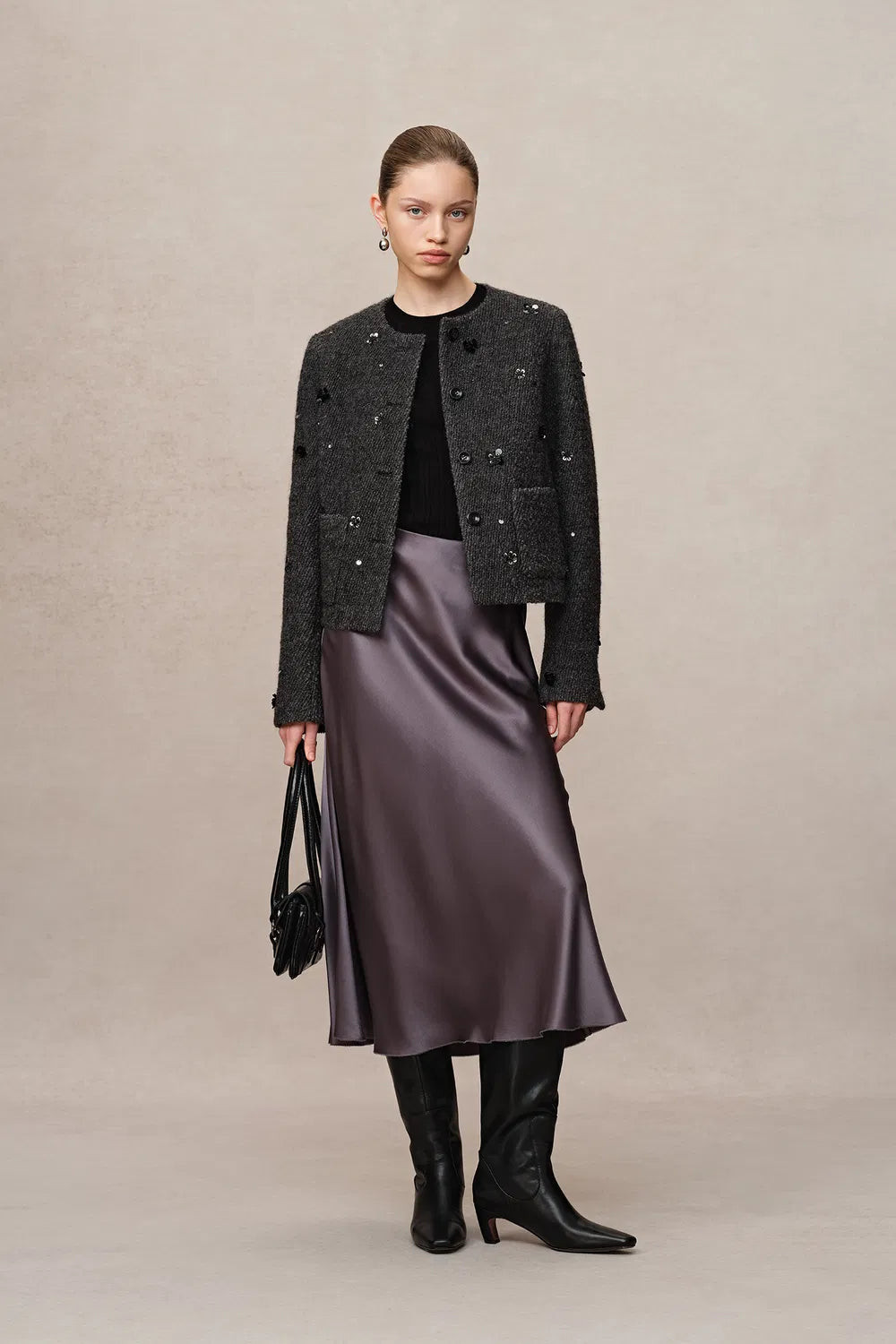 Frenchy Hand-Beaded Sequined Short Jacket in Wool Bouclé Twill | Fabrique