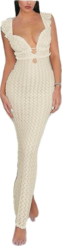 women's crochet beach dress puffle sleeve hollow out knit dress vneck lace-up pleated dress long ... | Amazon (US)