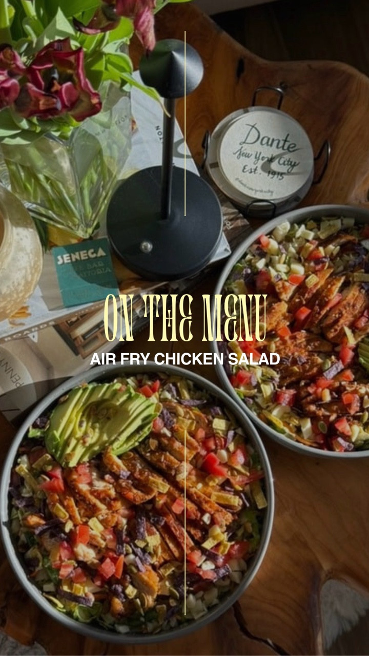 On The Menu: Air Fry Chicken Salad 🥗
$15 and under 30 min 👏🏼

The Lineup 🛒 

• Trader Joe’s Southwestern Chopped Salad 
(includes dressing, cheese, roasted pepitas & tortilla strips) 
• 1 tray boneless chicken thighs 
• Roma tomato 
• Avocado 

Chicken Seasoning 🧂

• Smoked paprika 
• Onion salt 
• Garlic powder 
• Crunchy Chili Onion Sprinkle 
• Thyme 

The Method 🍴

1. Season chicken with spices above then place in air fryer paper liners and cook at 380° for 29 minutes. 
2. Set timer for 14 min and flip chicken halfway through, seasoning the bottom lightly with the same seasoning. 
3. Prepare salad - pour out lettuce and toss with avocado lime dressing that comes included inside. 
4. Once chicken is finished, place on cutting board and slice into desired size. (Air fryer makes it crispy but so juicy!!) 
5. Cut tomato, avocado and garnish with cheese and roasted pepitas that come included. 

Voilà! 

Cheap, healthy, easy to clean up & has become a weekly staple in our dinner lineups 🤌🏼

#healthydinner #chickensalad #airfryer #dinneridea #traderjoes

#LTKstorytime #LTKfoodie #LTKHome