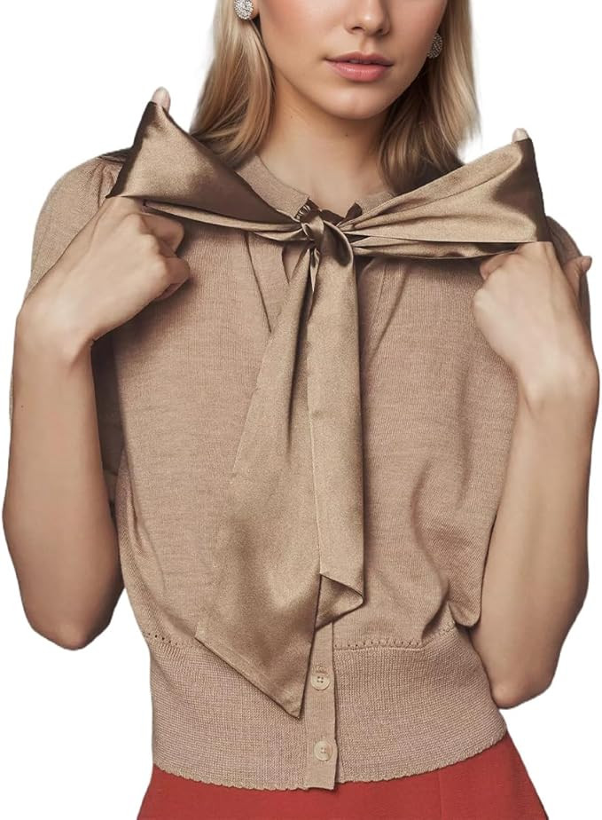 Bow Tie Front Cardigan Sweater Short Puff Sleeve Button Down Trendy Summer Knit Thin Cropped Shir... | Amazon (US)