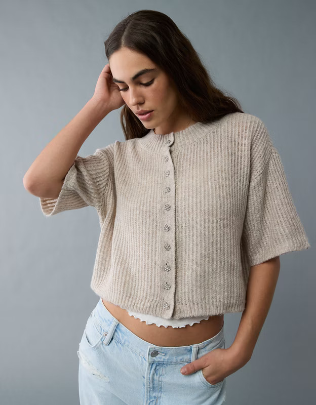 AE Short-Sleeve Crew Neck Cropped Cardigan | American Eagle Outfitters (US & CA)