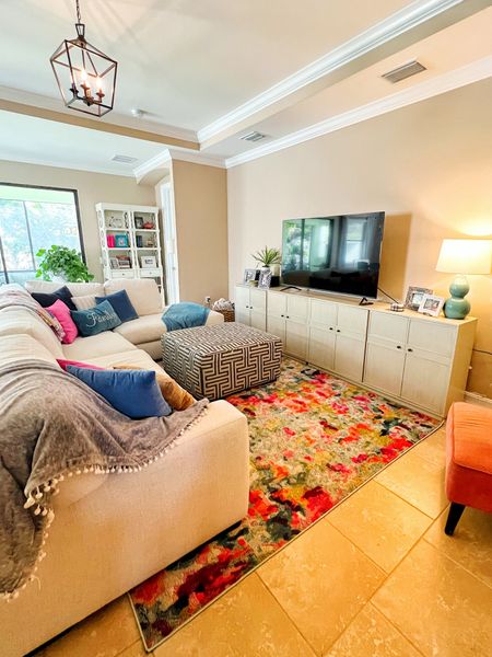 Living room refresh for spring || lamp, rugs, light fixture, sofa, throw blanket, pillows, tv cabinet, ottoman, picture frames

#LTKhome #LTKfamily #LTKFind