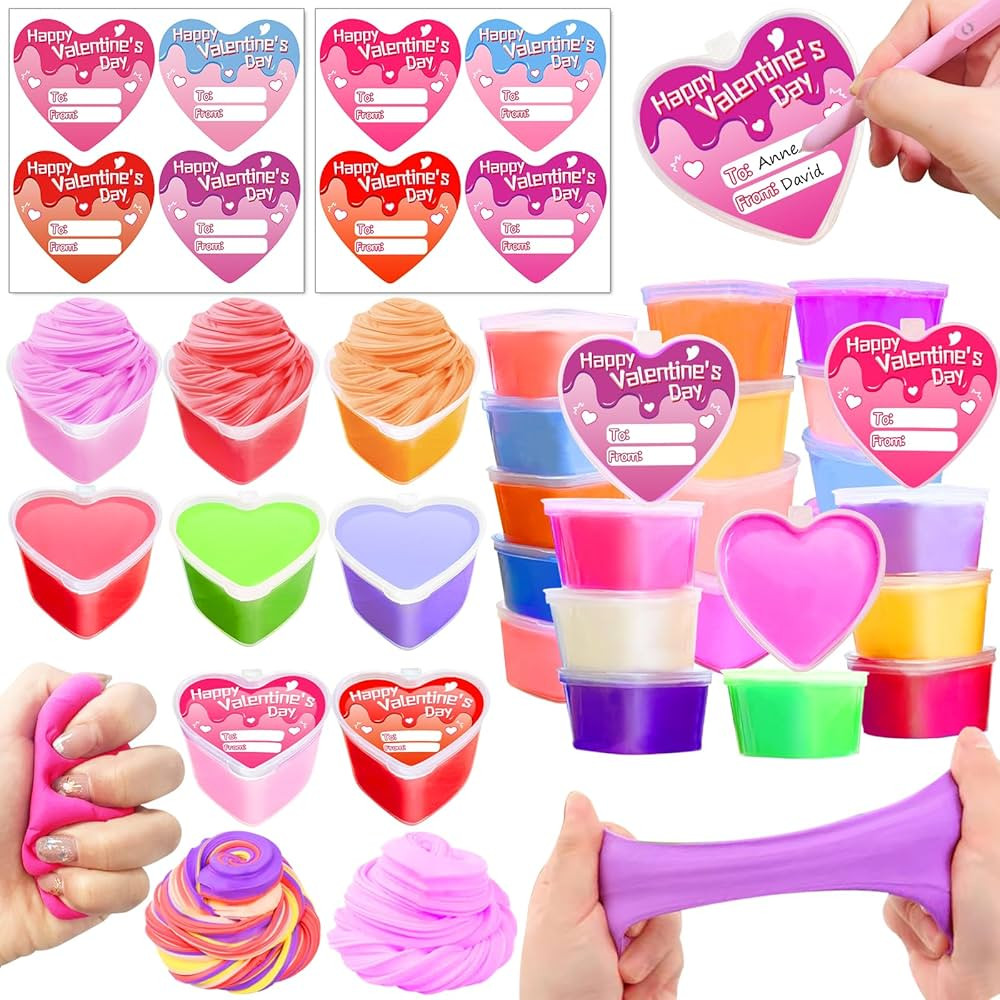 28 Pack Valentines Butter Slime Filled Heart with 28 Valentine Card Sticker Valentines Day Gifts ... | Amazon (US)