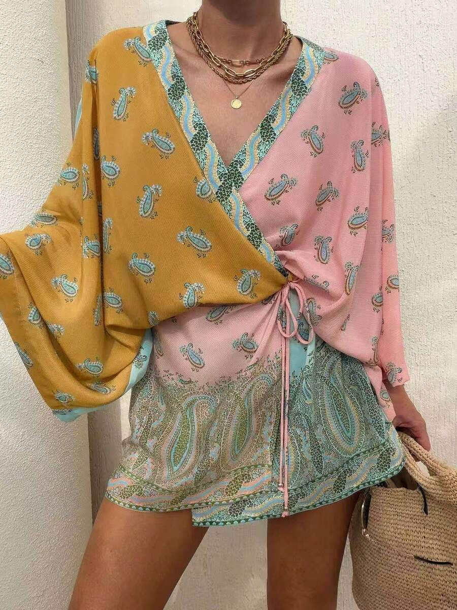 Local2026 Spring/Summer New Bohemian Full-Print Transparent Silk Robe-Style Mini Dress | SHEIN