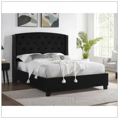 1Pc King Size Upholstered Panel Bed Wing Back Headboard Button Tufted Nail Head Trim Black Wood Fabric Bedroom Furniture | Wayfair North America