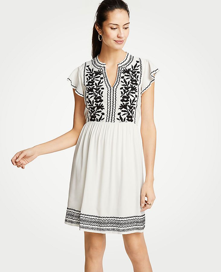 Embroidered Ruffle Sleeve Shift Dress | Ann Taylor (US)