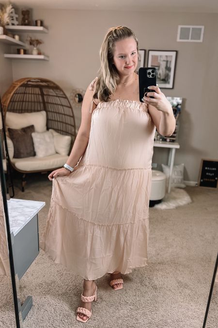 Gorgeous tiered tie strap sundress for spring or Easter Sunday! Throw a jacket on over for a more buttoned up look. These soft pink braided heels are a go to of mine. They come in a TON of cute colors!

#LTKcurves #LTKSeasonal #LTKunder50