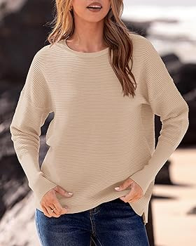 BTFBM Fall Sweaters for Women 2025 Casual Long Sleeve Sweater Striped Loose Fit Pullover Tops | Amazon (US)