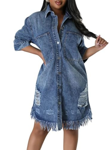 utcoco Women's Casual Distressed Denim Dress Half Sleeve Button Down Ripped Tassels Jean Dresses for Women 2024 (X-Large, Dark Blue) | Amazon (US)