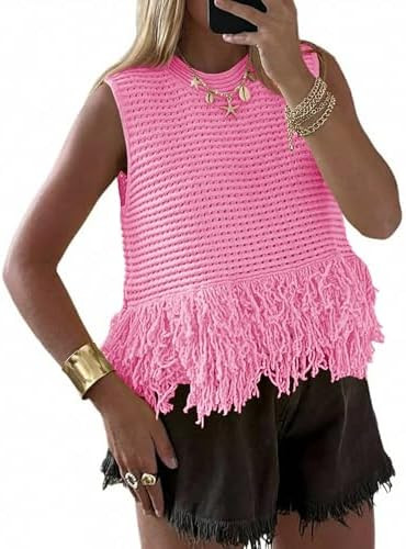 Saodimallsu Womens Crochet Crop Tank Tops Sleeveless Fringe Crew Neck Trendy Boho Knit Summer Swe... | Amazon (US)