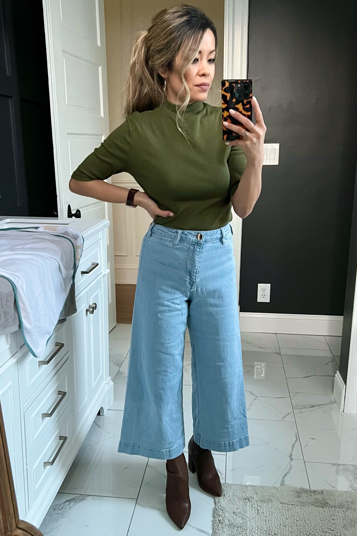 Unintentional 70s vibe outfit. Wide leg jeans with mock sweater and sock booties!

#LTKunder50 #LTKbeauty #LTKstyletip