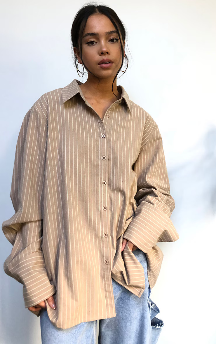 Beige Oversized Pinstripe Cuff Shirt | Pretty Little Thing (Australia & New Zealand)