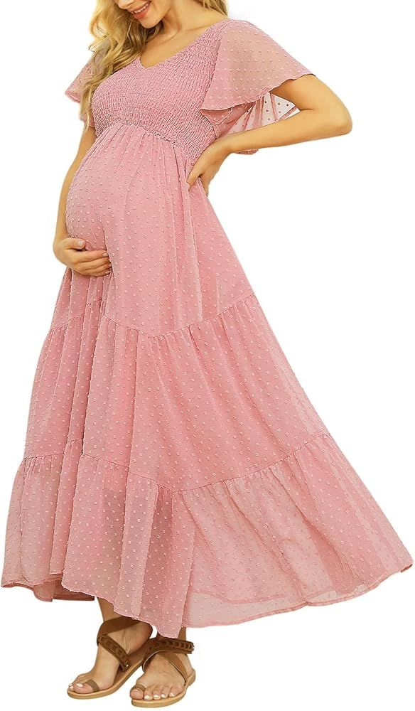Swiss Dot Maternity Dress, V Neck Ruffle Sleeve Maternity Dresses for Photoshoot Baby Shower, Smo... | Amazon (US)