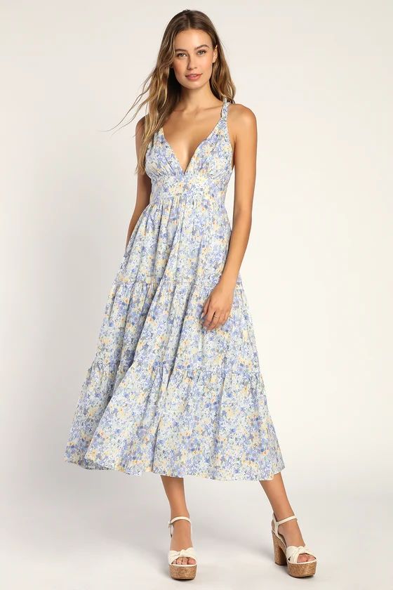 Brightly Blossoming Light Blue Floral Tiered Midi Dress | Lulus (US)