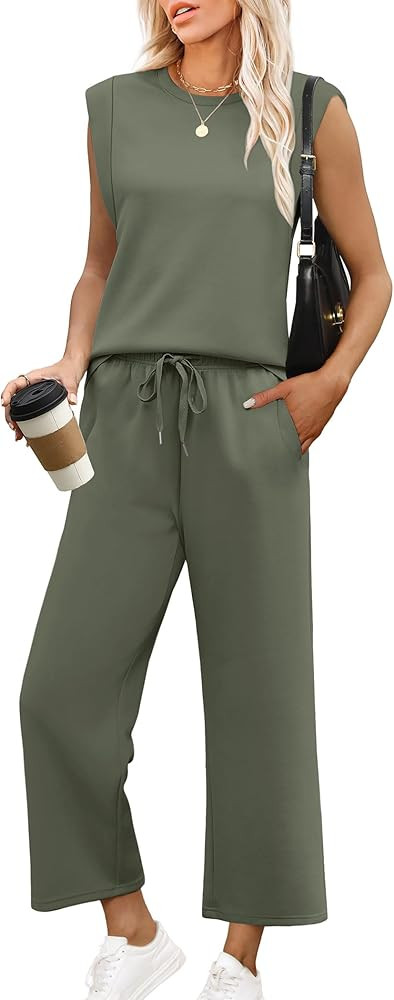 SAMPEEL Two Piece Sets for Women Casual Travel Vacation Outfits Summer Wide Leg Crop Pants Lounge... | Amazon (US)