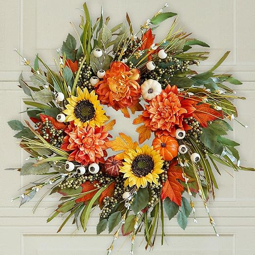 Soomeir 24 Inch Fall Wreaths for Front Door Outside, Sunflower Autumn Door Wreath with Pumpkin an... | Amazon (US)