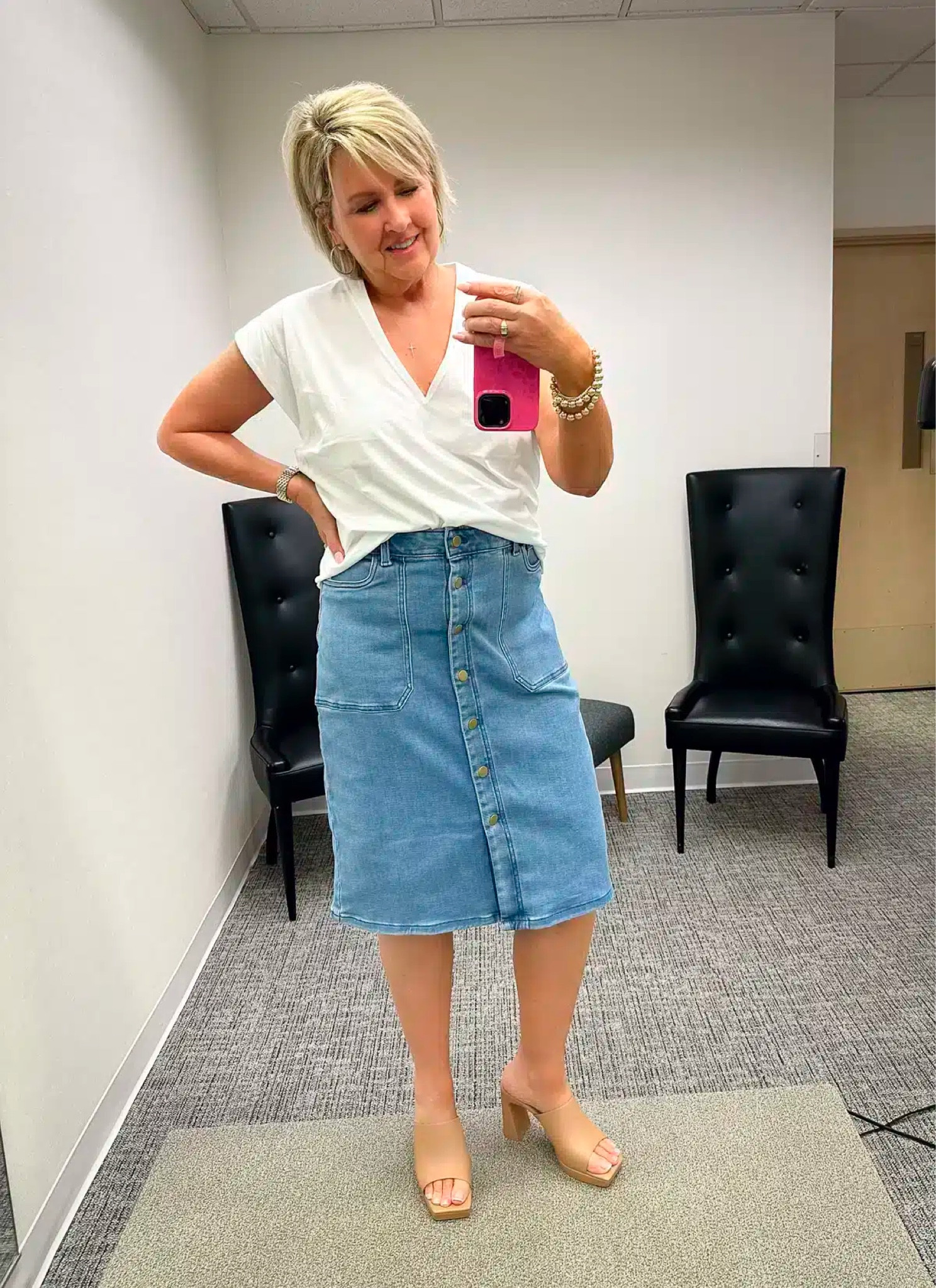 White tee size medium | denim skirt size 8 | womens nude block heels | casual weekend outfit 

#LTKPlusSize #LTKWorkwear #LTKStyleTip