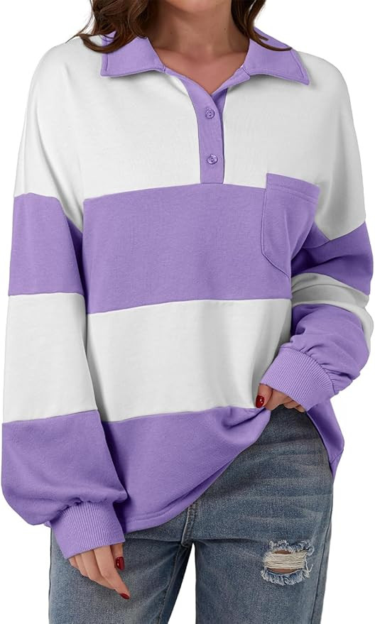 BLENCOT Womens Oversized Striped Sweatshirt Color Block Fall Pullover Polo Shirt Casual Loose Tre... | Amazon (US)