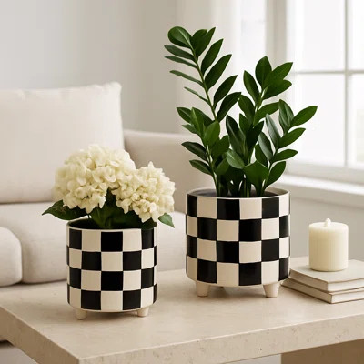 Porcelain Black Checkerboard Planters, 2-Pieces | Wayfair North America