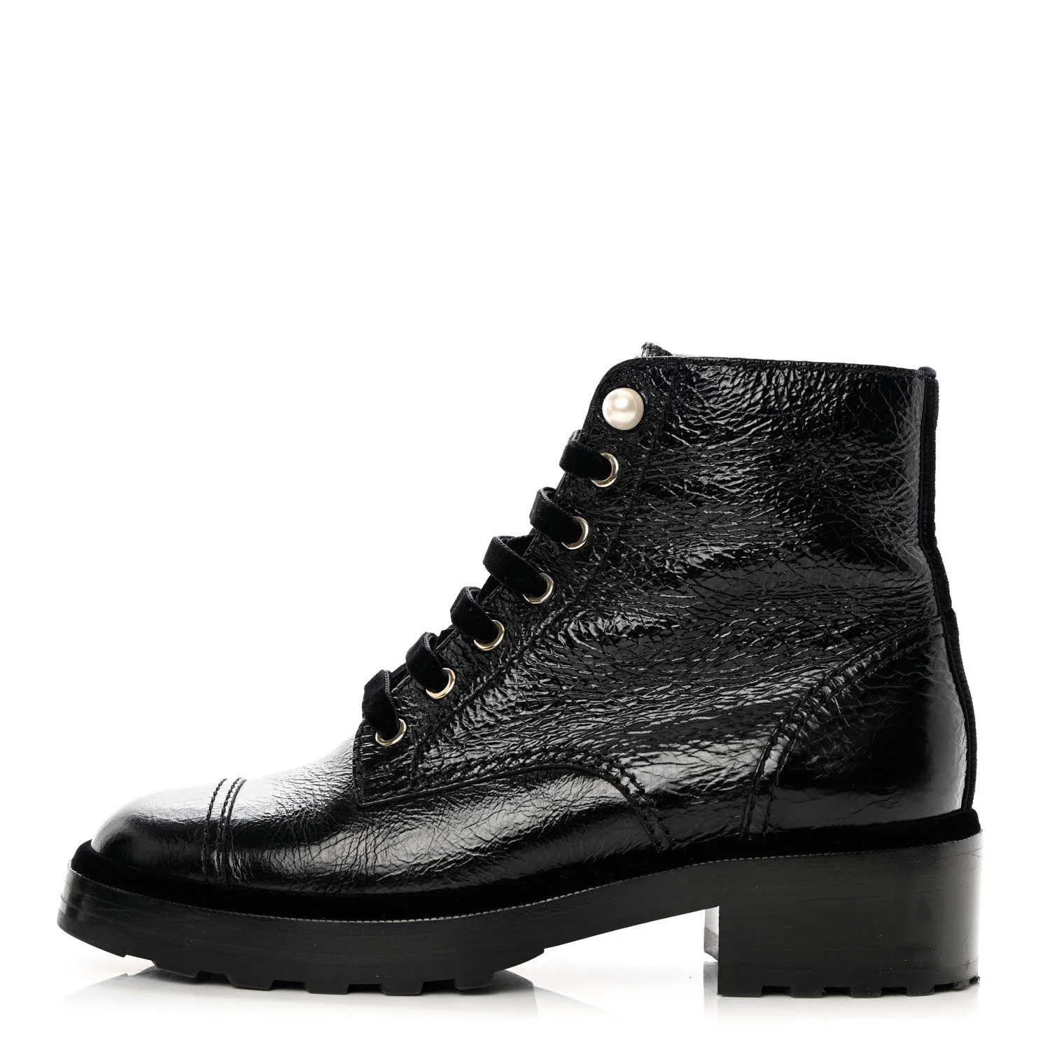 Shiny Calfskin Velvet Pearl Combat Short Boots 39 Black | FASHIONPHILE (US)