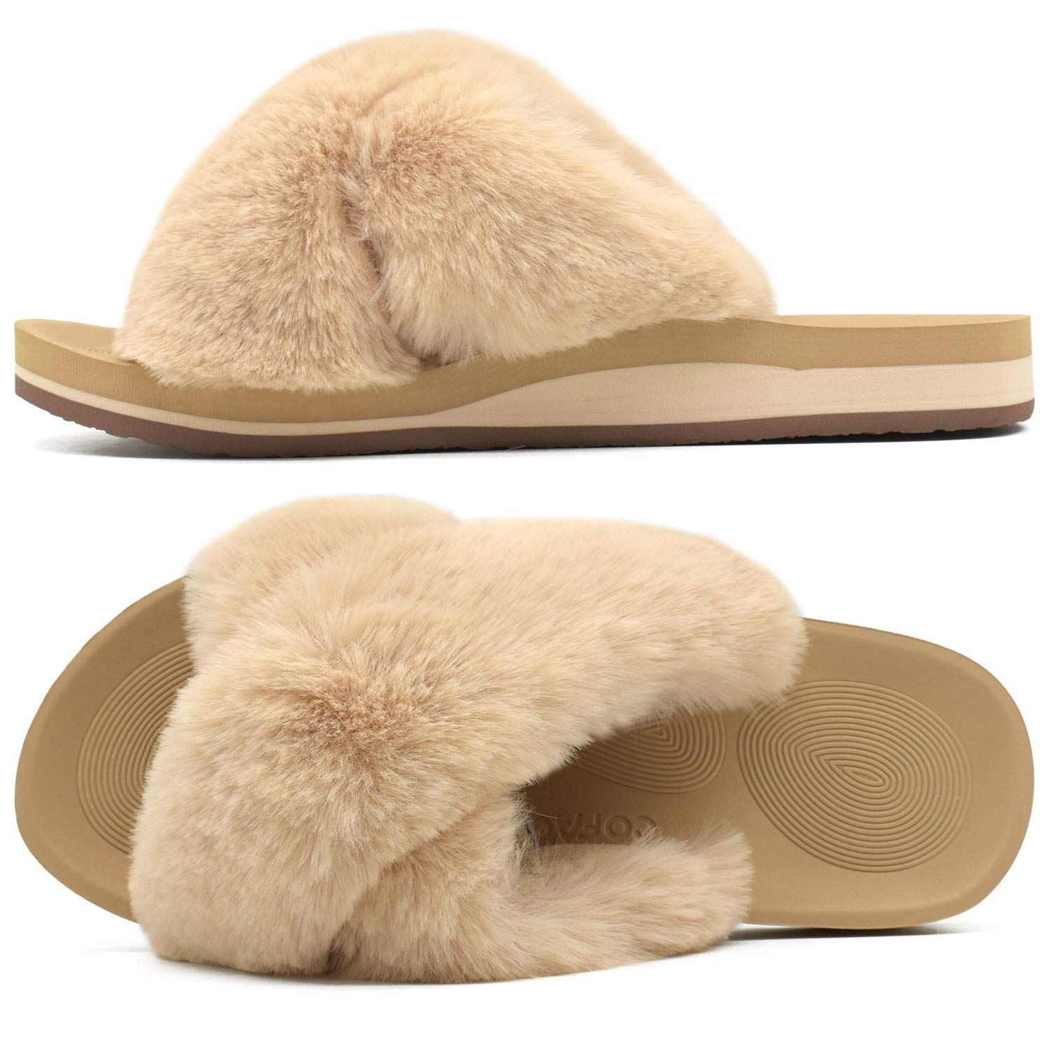 COFACE Womens Fuzzy Slides Fluffy Faux Fur House Slippers Open Toe Slip On Sandals Cozy Soft Yoga Ma | Amazon (US)