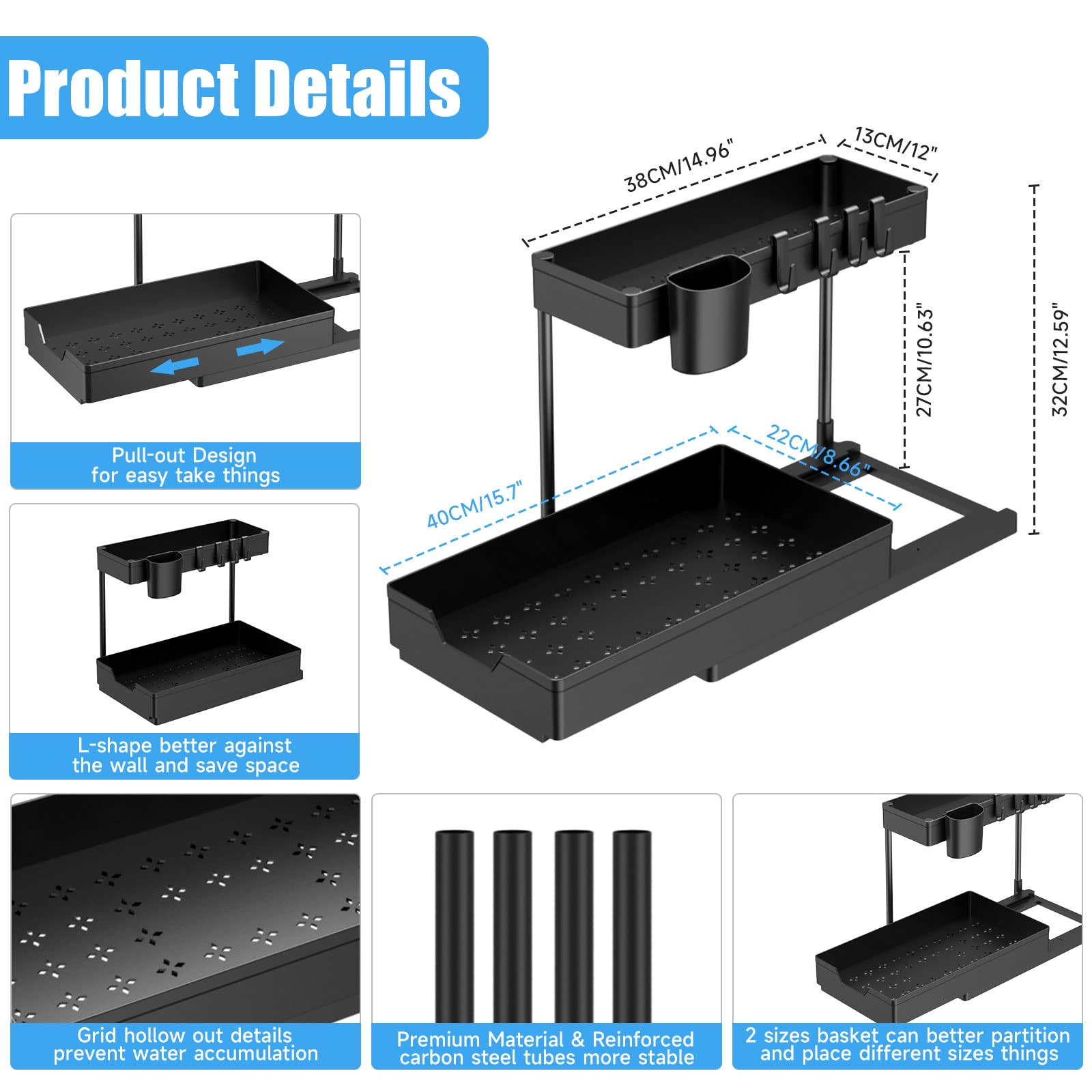LEITAO Under Sink Organizers and Storage, 2 Tier Under Sliding Cabinet Bathroom Organizer w Hooks... | Amazon (US)