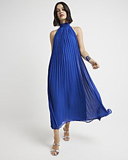 Blue plisse halter neck shift maxi dress | River Island (UK & IE)