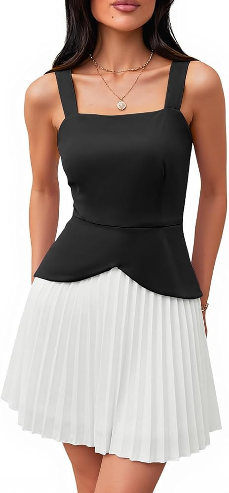 Angashion Women's Square Neck Sleeveless Mini Dress Elegant Pleated Hem A Line Graduation Cocktai... | Amazon (US)