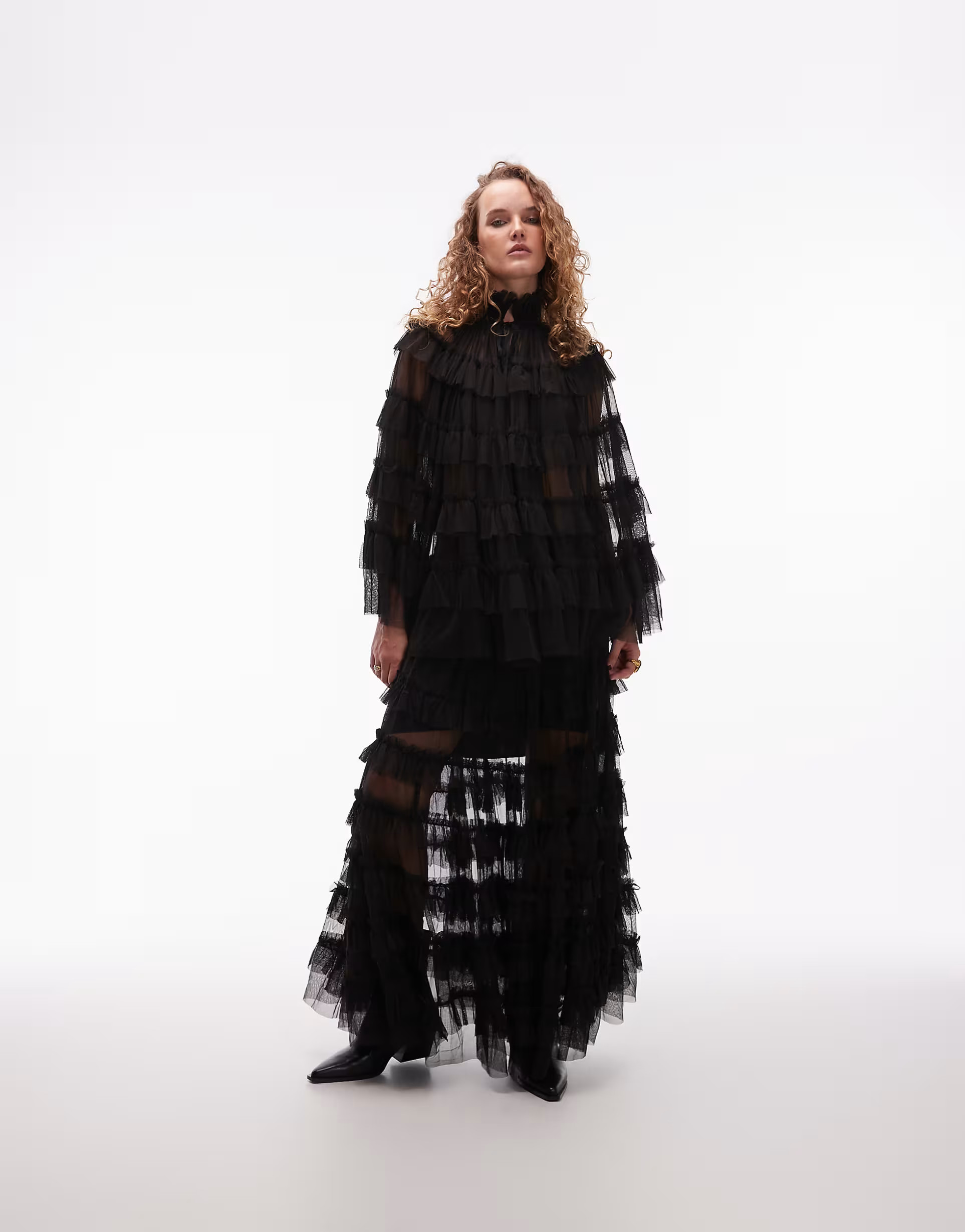 AllSaints Aude ruffle cape top and maxi skirt set in black | ASOS (Global)