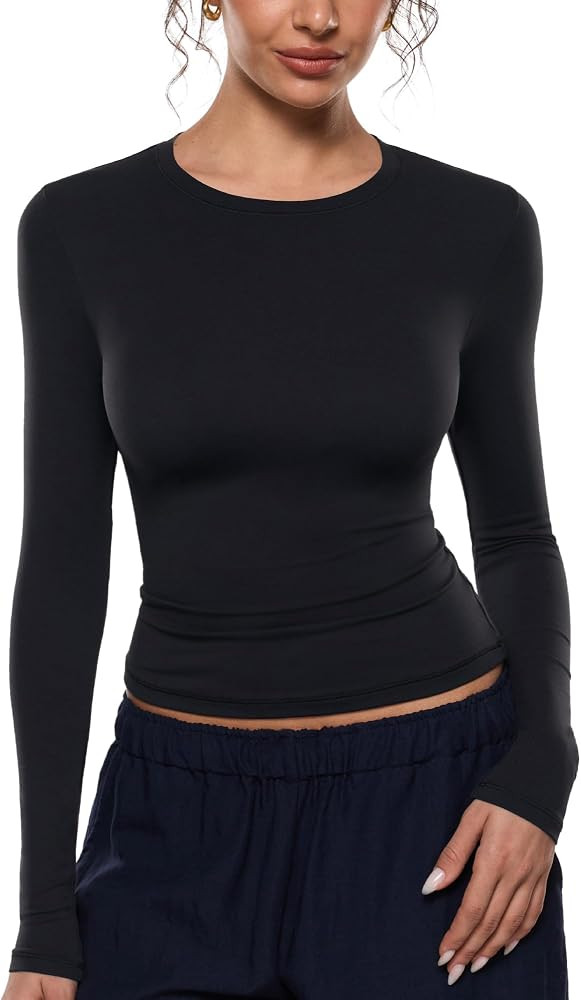 INLYRIC Women's Airsoft Long Sleeve T-Shirts Single Layer Crew Neck Basic Tees Slim Fitted Going ... | Amazon (US)