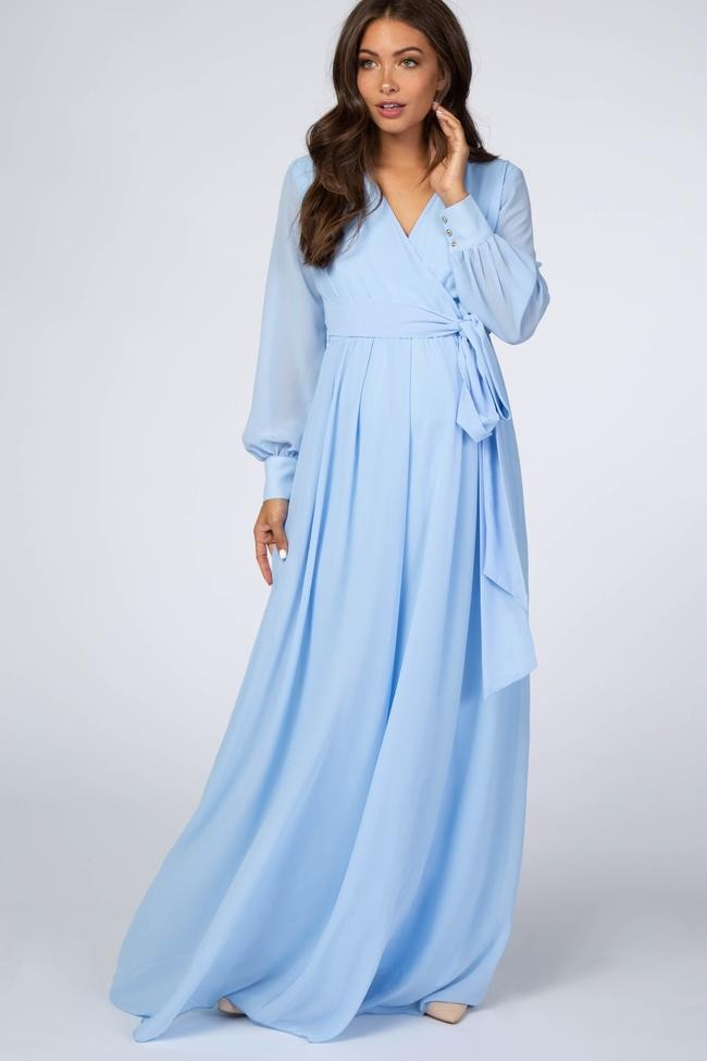 Light Blue Chiffon Long Sleeve Maternity Maxi Dress | PinkBlush Maternity