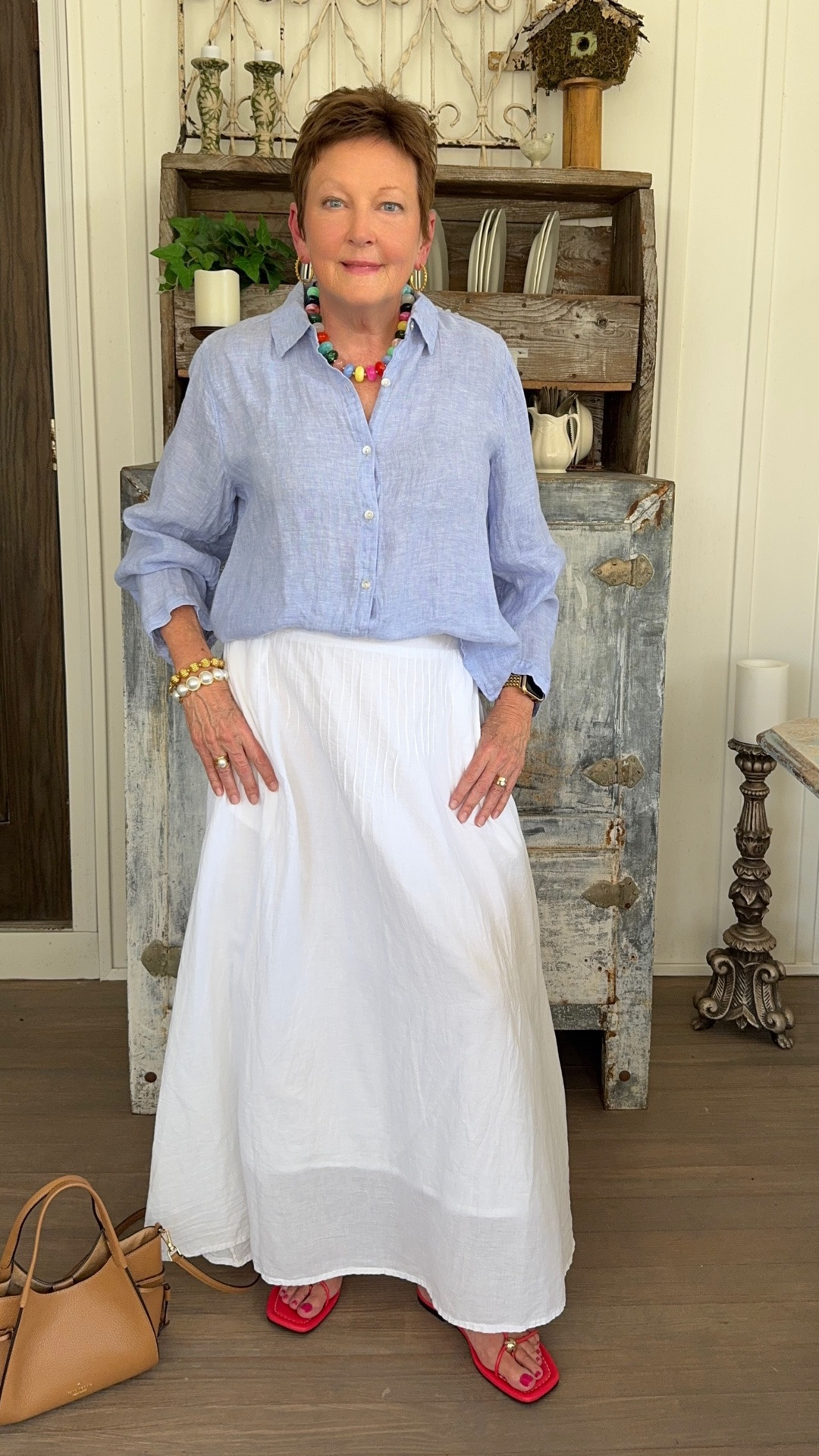 Easy breezy summer style - look stylish at any age!  Linen blouse and flowing skirt with strapy sandals .

#LTKOver40 #LTKMidsize