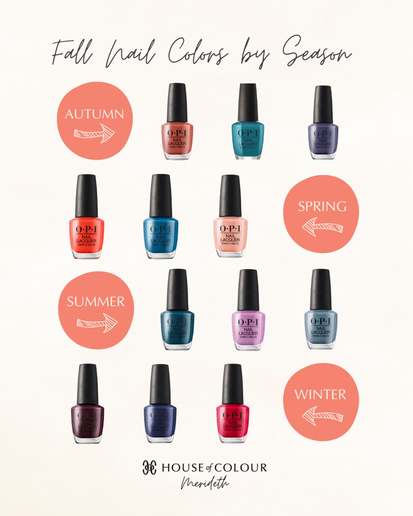 Here are some OPI fall nail color picks categorized by House of Colour season - spring, summer, autumn, & winter! 

#LTKSeasonal #LTKunder50 #LTKbeauty