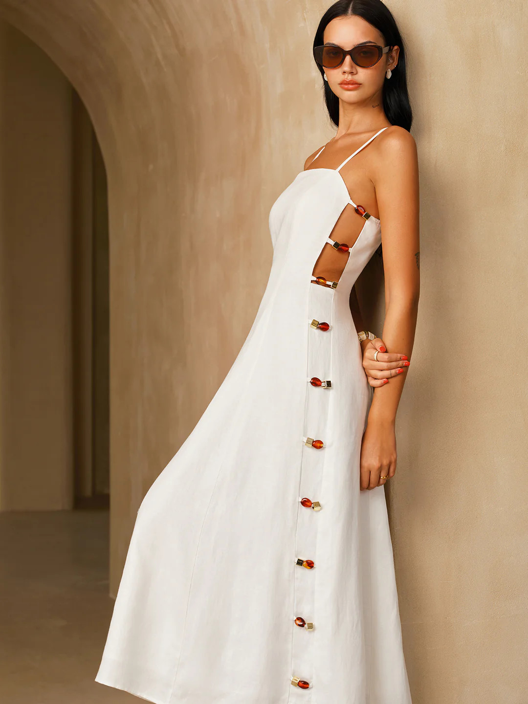 Linen-Blend Amber Detail Cami Midi Dress | Commense