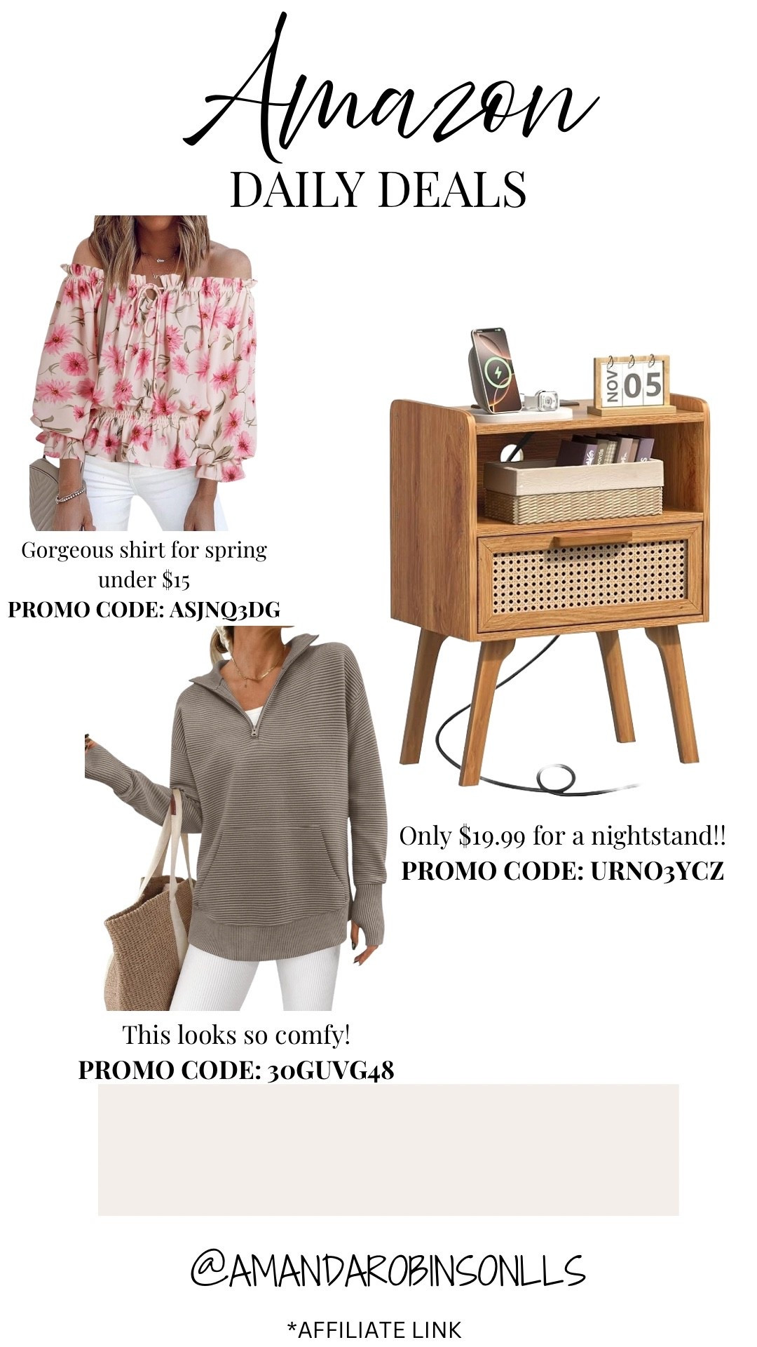 Amazon daily deals
Spring women’s blouse
Rattan nightstand 
Women’s quarter zip 

#LTKHome #LTKSaleAlert