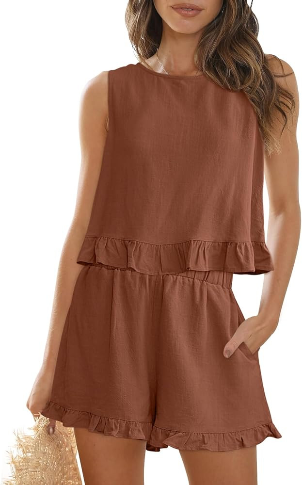 AUTOMET Womens 2 Piece Outfits Summer Sets Sleeveless High Neck Ruffle Crop Tops and High Waisted... | Amazon (US)