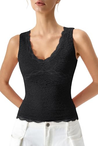 QINSEN Women's V Neck Sleeveless Lace Tank Top Slim Fit Floral Camisole Casual Crop Vest Basic La... | Amazon (US)