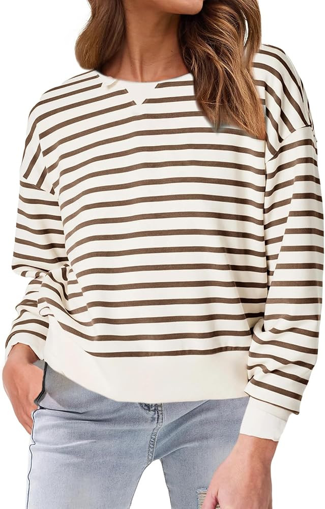 Glamaker Women's Crewneck Cropped Sweatshirt Pullover Stripe Air Essentials Basic Long Sleeve Shi... | Amazon (US)