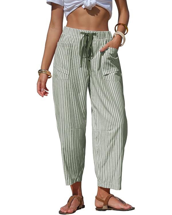 Byinns Womens Faux Linen Striped Barrel Pants Comfy Drawstring Capri Pant Summer Beach Vacation L... | Amazon (US)