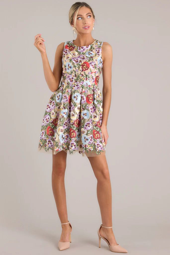 Garden Bloom Natural Floral Embroidered Mini Dress | Red Dress